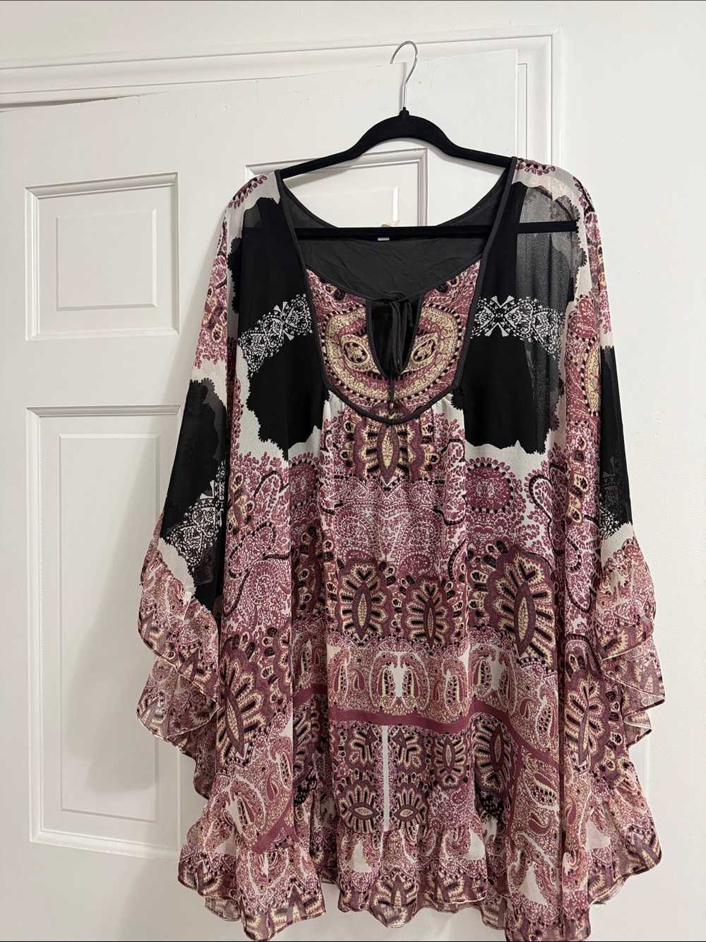 Free People Mauve Paisley Bell-Sleeve Tunic with Black Panels